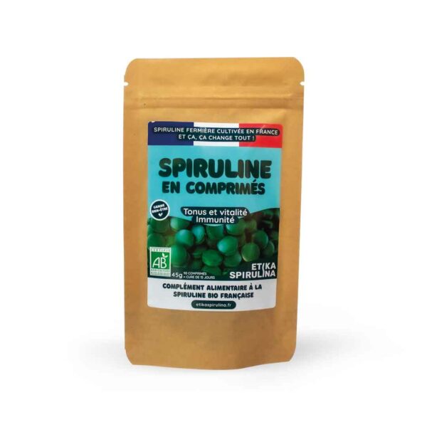 Sachet de 45g de comprimés de spiruline bio française Etika Spirulina, complément alimentaire naturel